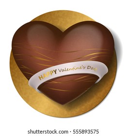 Chocolate heart with gold decor, strips and white ribbon with lettering Happy Valentines Day on gold stand. Candies and sweets heart. Isolated on white background. Vector illustration, icon.