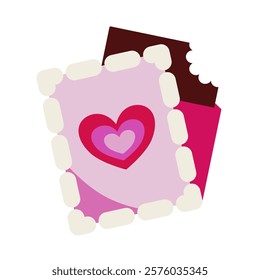 Chocolate Heart Message: A delightful illustration of a chocolate bar with a bitten edge, revealing a pink card underneath featuring a layered heart design.