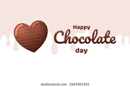 Chocolate heart on Chocolate Day against the background of flowing sweet thick liquid. Vector 3D illustration.