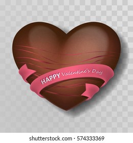 Chocolate heart with pink decor, strips and pink ribbon with silver lettering Happy Valentines Day. Candies and sweets heart. Isolated on transparent background. Vector illustration.