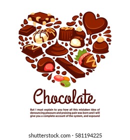 Chocolate heart poster template of confectionery desserts and truffle candy, caramel lollipops and confections bars for bakery shop, pastry or cafeteria and cafe
