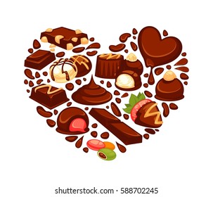 Chocolate heart poster template of confectionery desserts and truffle candy, caramel lollipops and confections bars for bakery shop, pastry or cafeteria and cafe