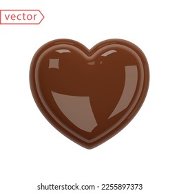 Chocolate Heart. Realistic dark chocolate candy. Concept of Love, Happy Valentine's Day, Gift, Holiday Decoration, Dessert, Yummy. Icon isolated on white. Realistic 3d vector illustration.