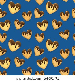 Chocolate heart seamless pattern. Valentine's Day. Glossy chocolate brown heart shaped candy melts