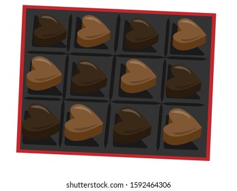 Chocolate heart shaped candies in box isolated on white background.