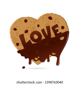 Chocolate heart shaped cookies with the word love, on a white background. Symbol of Valentine's Day. Isolated object. Vector 