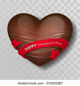 Chocolate heart with silver decor, strips and red ribbon with lettering Happy Valentines Day on transparent background. Candies and sweets heart. Vector illustration, icon for Holiday design.
