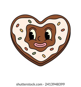Chocolate heart with smiling face vector illustration. Isolated pop art icon for happy new year greeting. Symbol for merry christmas celebration. Xmas funny print. Dessert and holidays theme
