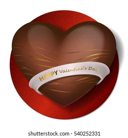 Chocolate heart with white ribbon and lettering Happy Valentines Day on red stand. Candies and sweets heart. Isolated on white background. Vector illustration, icon.