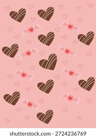 Corazones de chocolate y patrón de caramelo sobre fondo rosa