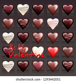 Chocolate hearts for Valentine's Day. Greeting card design. 3d vector illustration.