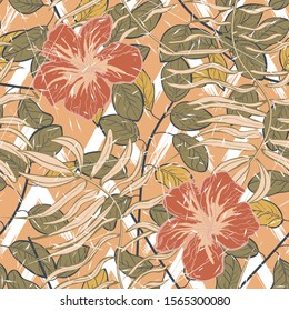 Chocolate Hibiscus Flower Foliage Vector Seamless Pattern. Dirt Decoration Monstera Backdrop Hawaiian Design. Rust Foliage Summer Wallpaper. Brown Palm Leaves Pattern