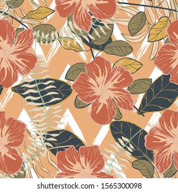 Chocolate Hibiscus Flower Tree Vector Seamless Pattern. Brown Trendy Palm Texture California Style. Mustard Leaves Trendy Print. Chocolate Palm Foliage Texture