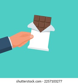 Chocolate holding in hand. Chocolate bar. Vector illustration flat design. Isolated on white background.