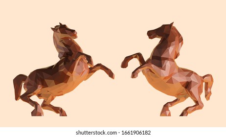 Chocolate Horse. Set of Brown Shiny Horses on Isolated Background. Low Poly Vector 3D Rendering