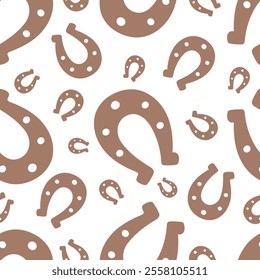 Chocolate horseshoe. Brown silhouettes. Symbol of happiness in different sizes. Seamless vector pattern. Endless ornament. Isolated colorless background. St. Patricks Day. Flat style. 