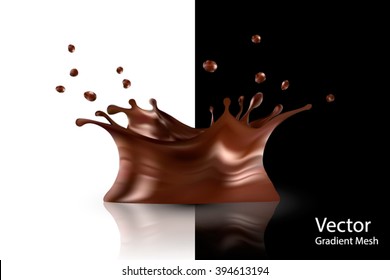 Chocolate splash isolated. Hot Chocolate crown with wave and drops. vector. 3D illustration. Dark brown liquid with splash, spray, crown, drips. realistic choco background, created by gradient mesh.