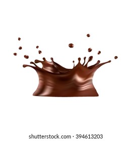 Chocolate splash isolated. Hot Chocolate crown with wave and drops. vector. 3D illustration. Dark brown liquid with splash, spray, crown, drips. realistic choco background, created by gradient mesh.