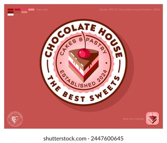 Chocolate house emblem. Identity. A piece of chocolate cake with cherry in a circle.