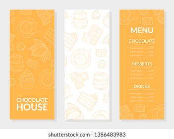 Chocolate House Menu Card Template, Chocolate, Desserts and Drinks, Restaurant, Cafeteria, Confectionery Design Element Vector Illustration
