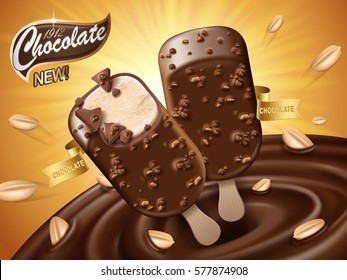 chocolate ice bar ad, with chocolate vortex and peanut elements, orange background, 3d illustration