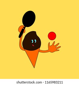 Chocolate ice cone playing table tennis with red balloon