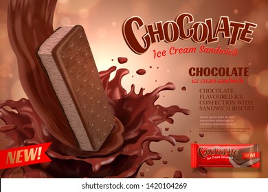 Chocolate ice cream ads with pouring sauce on bokeh glittering background in 3d illustration