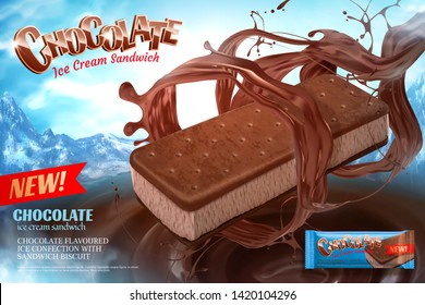 Chocolate ice cream ads with swirling sauce on mountain background in 3d illustration