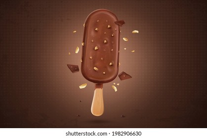 Chocolate ice cream with almonds and chocolate pieces vector illustration