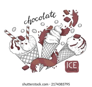 Chocolate ice cream balls in the waffle cones. Soft serve ice cream with chocolate topping. Sweet summer delicacy. Vector illustration