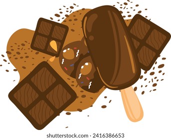 Chocolate ice cream bar and assorted chocolates with sprinkles and crumbs. Delicious sweets and dessert concept vector illustration.