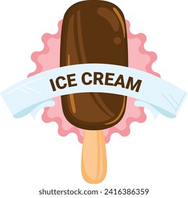 Barra de helado de chocolate derritiéndose sobre un palo con texto de cinta azul claro. Trato de verano dulce y refrescante ilustración vectorial concepto de postre.