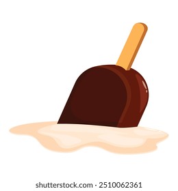 Chocolate ice cream bar melting on a white background, perfect for illustrating hot summer days