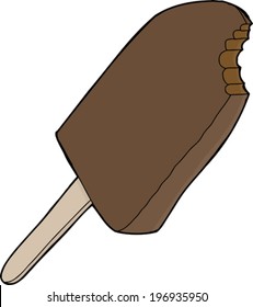 Chocolate ice cream bar with missing bite over white