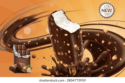 Chocolate ice cream bar with nuts banner design. Bitten chocolate popsicle with hazelnut, dynamic chocolate swirl splash, and new arrival badge on orange background, 3d realistic vector illustration.