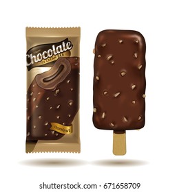 Chocolate ice cream bar and package design for design uses on white background in 3d illustration