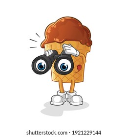 chocolate ice cream with binoculars character. cartoon mascot vector