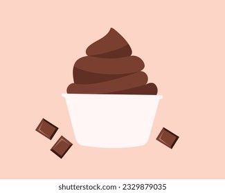 Helado de chocolate en un bol con chips de chocolate en un fondo aislado. Estilo plano de dibujos animados