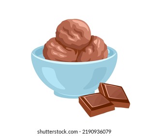 Chocolate ice cream in bowl and piece of chocolate bar isolated on white. Vector cartoon flat illustration of sweet dessert.