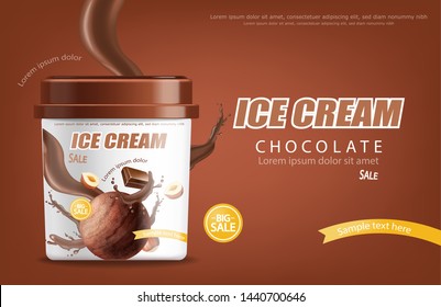 Chocolate ice cream bucket Vector realistic mock up. Product placement. Label design advertise template. Chocolate splash. Detailed 3d illustration