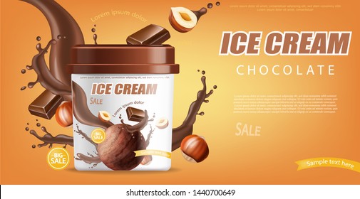 Chocolate ice cream bucket Vector realistic mock up. Product placement. Label design advertise template. Chocolate splash. Detailed 3d illustration