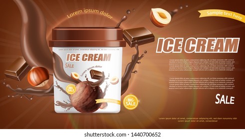 Chocolate ice cream bucket Vector realistic mock up. Product placement. Label design advertise template. Chocolate splash. Detailed 3d illustration