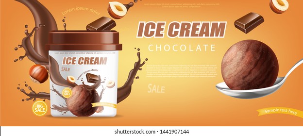 Chocolate ice cream bucket Vector realistic mock up. Product placement. Label design advertise template. Chocolate splash. Detailed 3d illustration