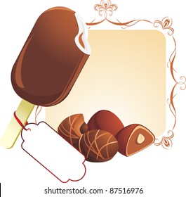 Chocolate ice cream and candies. Vector