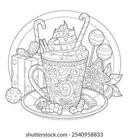 Sorvete de chocolate com doces e caixas de presente para o inverno. Aprendizagem e educação ilustração da página de coloração para adultos e crianças. Estilo do contorno do vetor, desenho em preto e branco.