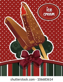 Chocolate ice cream card in vintage style. Detailed vector illustration. Abstract Elegance food background.