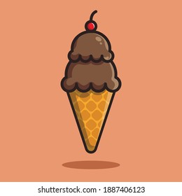Chocolate Ice Cream Cartoon with Cherry on top Vector Icon Illustration. Flat Cartoon Style Suitable for National Bittersweet Chocolate Day.