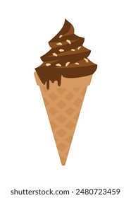 Chocolate ice cream with cashew flakes in cone. Simple flat illustration.