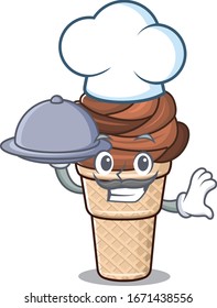 Chocolate ice cream as a chef cartoon character with food on tray