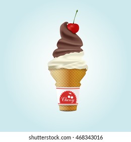 Chocolate ice cream with a cherry in cartoon style isolated on white background